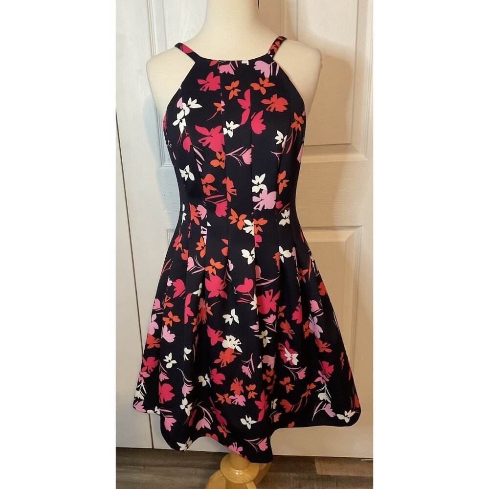 Vince Camuto Black Orange Pink Floral Fit & Flare Dress Size‎ 6 Petite